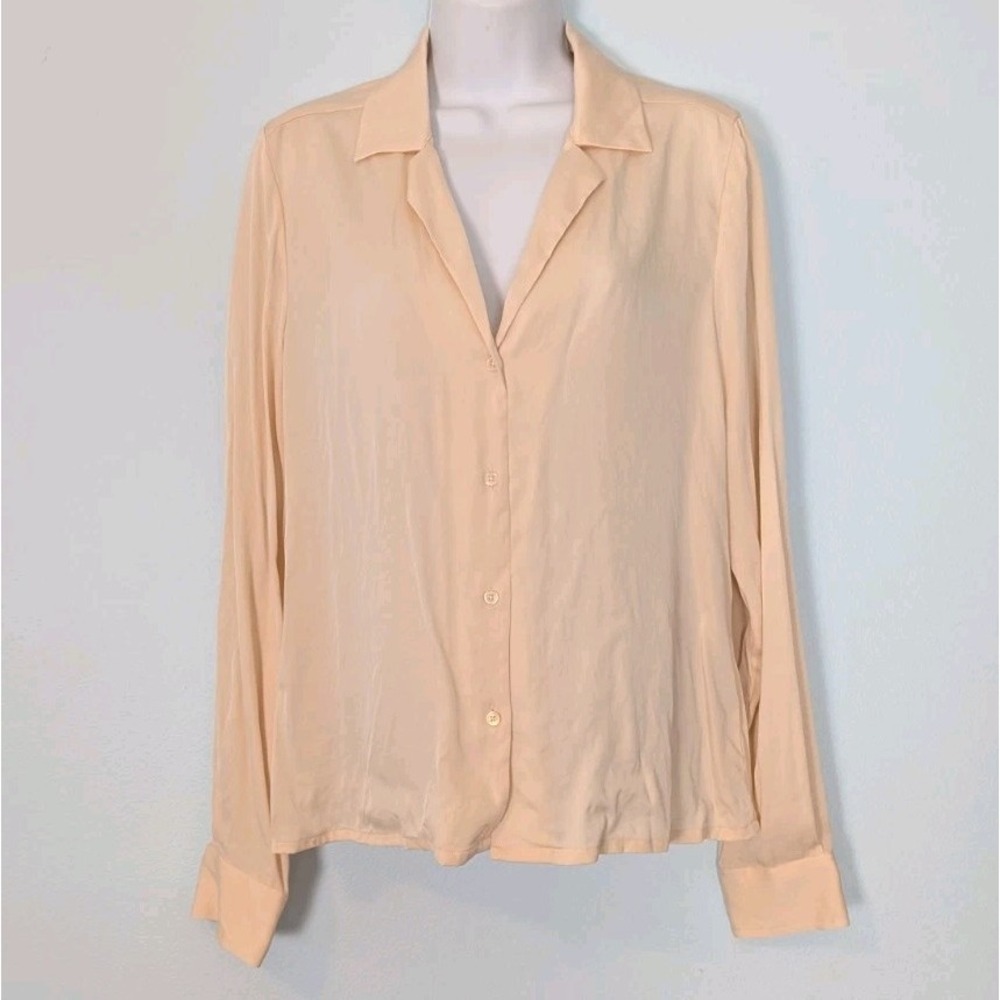 Quince Top Womens Medium Stretch Silk Blouse Button Up Beige Minimalist Career